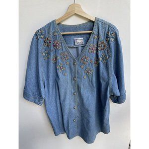 Women's Blue Jean Denim Shirt Bust 50” Embellished Button Front Monique Fashions